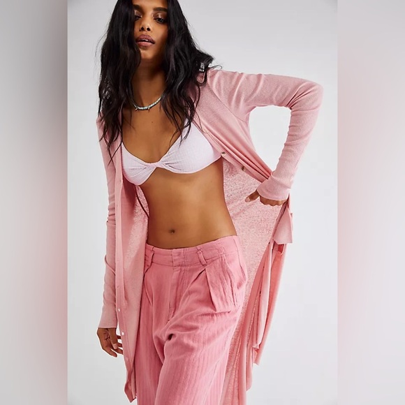 🔆 Free People Beach Pink/Rose Long Sleeve Ribbed Up Maxi Cardigan Sweater, Small - Picture 2 of 2